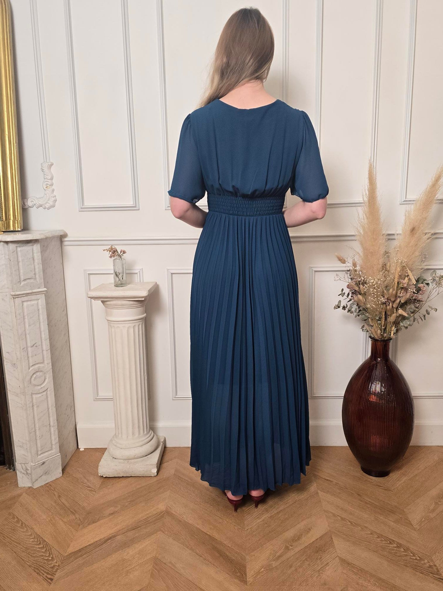 Robe longue bleu pétrole détail – La Chica