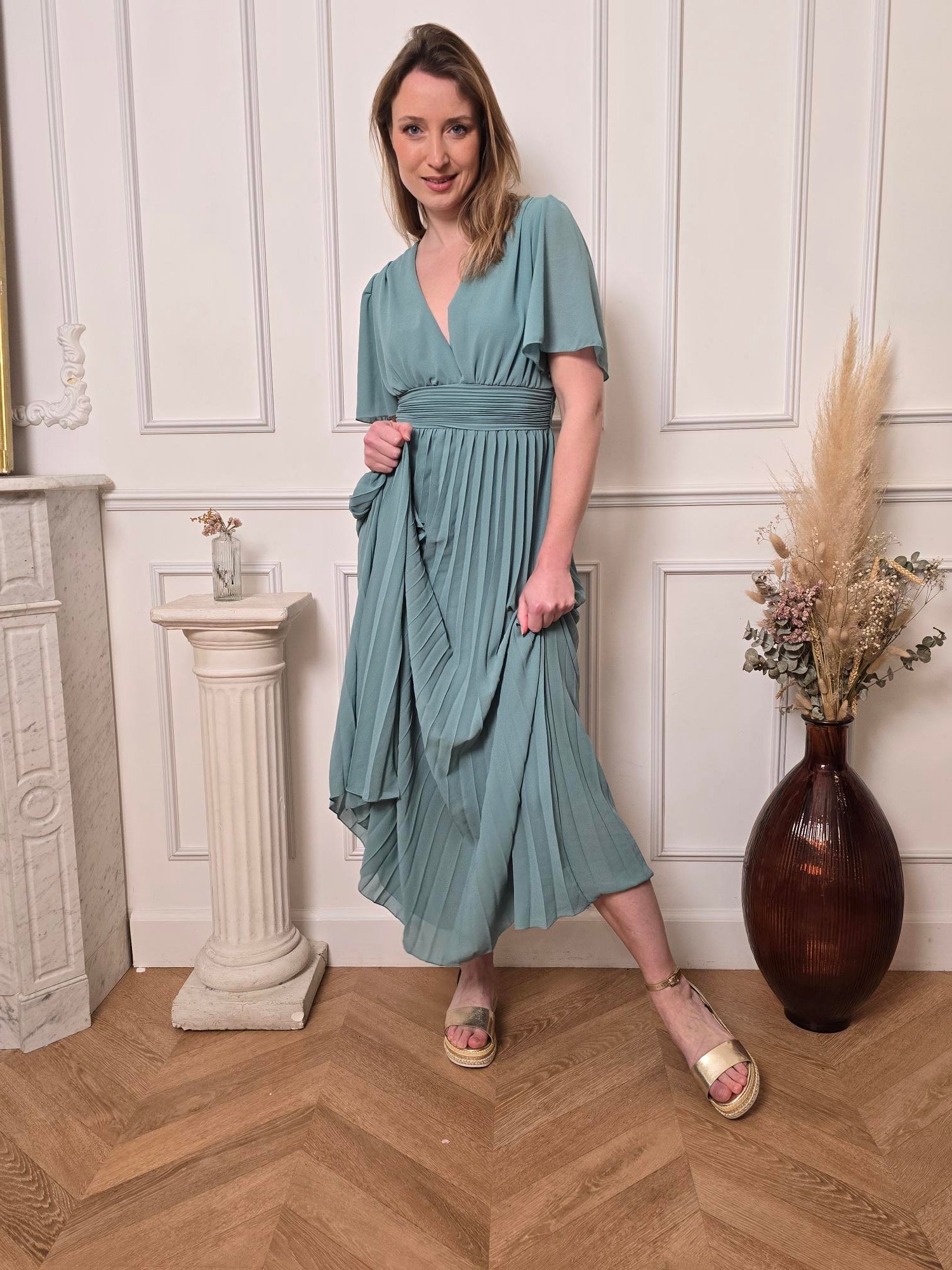 Robe longue vert d'eau détail – La Chica