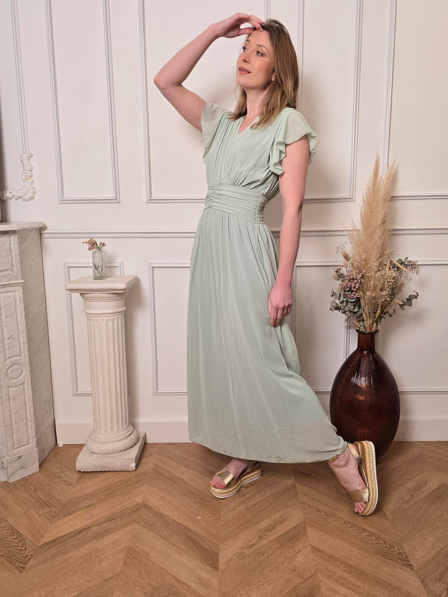 Robe longue vert sauge détail – La Chica