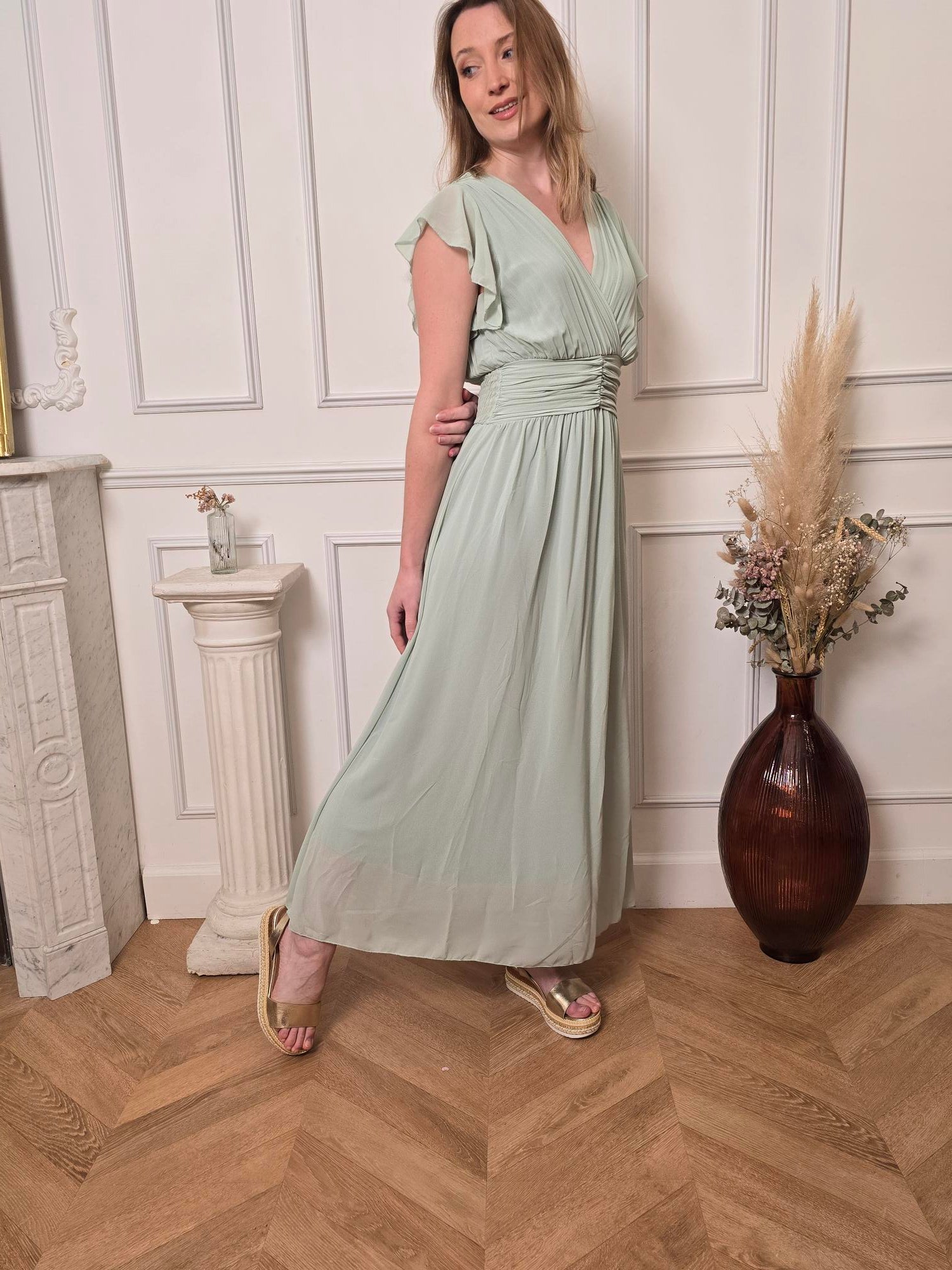 Robe longue vert sauge vue de dos femme – La Chica