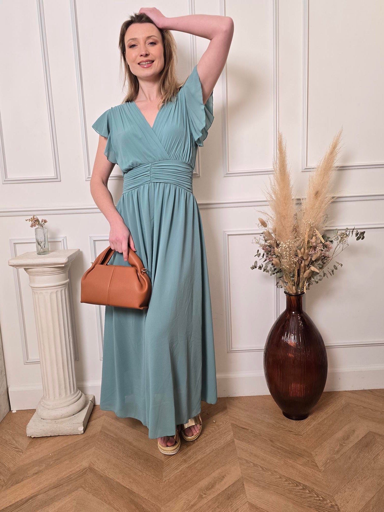 Robe longue bleu céladon détail – La Chica