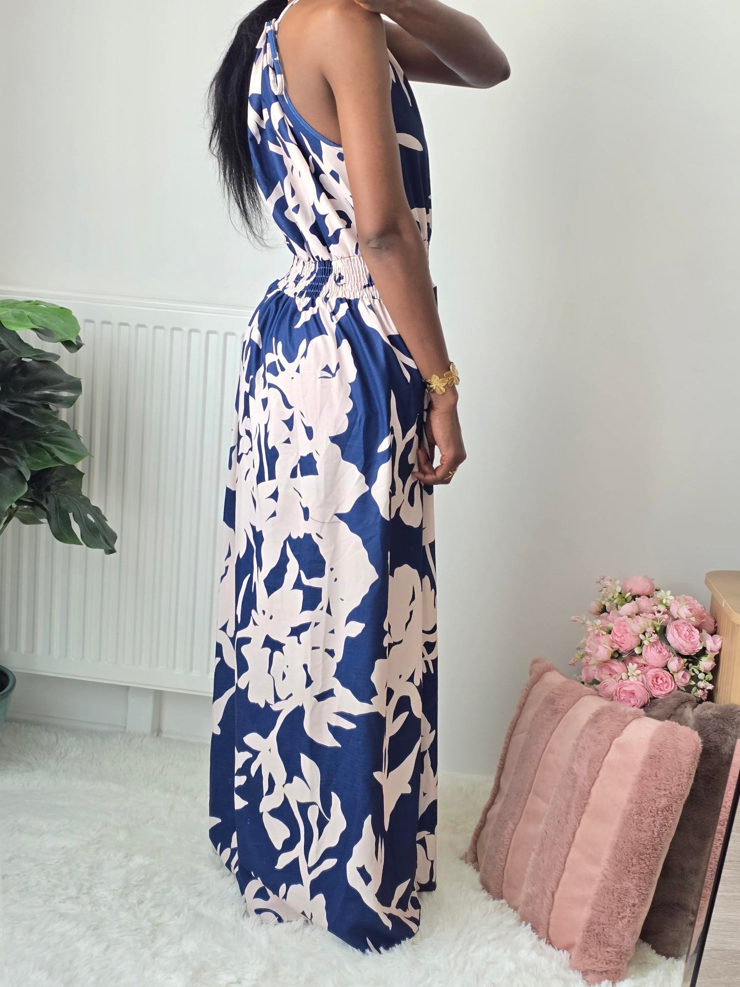 Robe longue fluide imprimé floral ✦ Marine & Beige La Chica