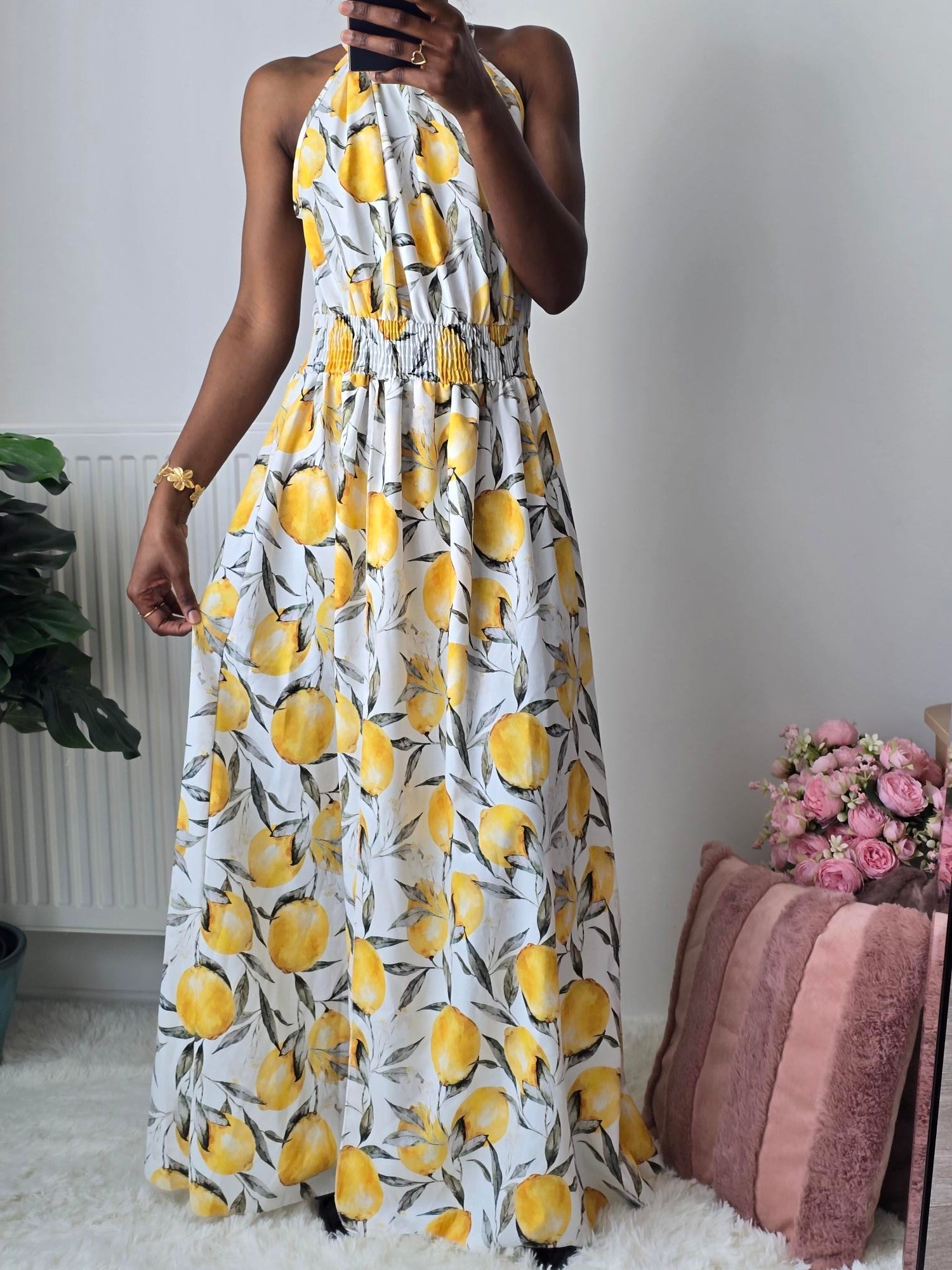 Robe longue fluide imprimé citron ✦ Jaune & Blanc La Chica