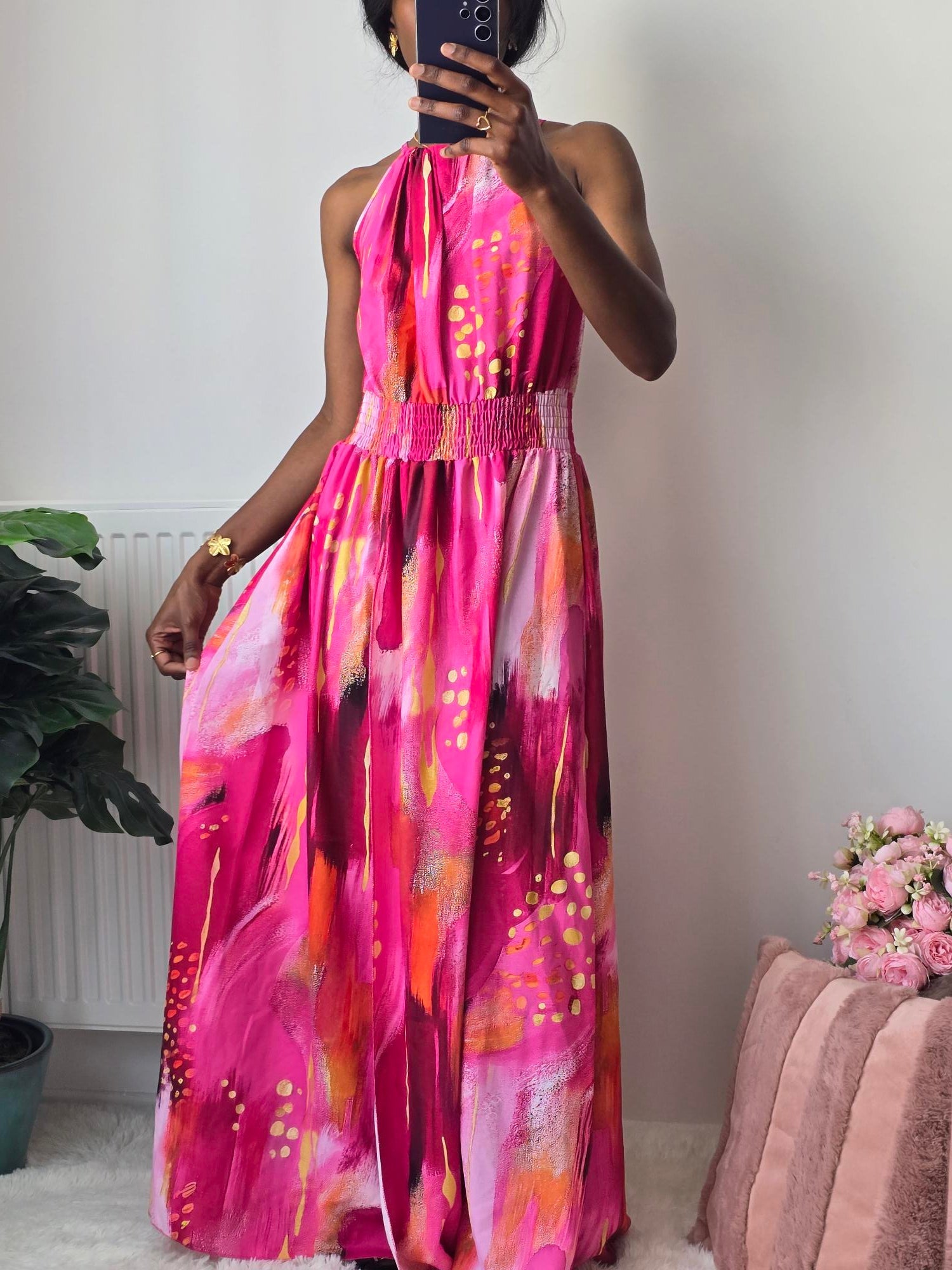 Robe longue fluide imprimé artistique ✦ Rose La Chica