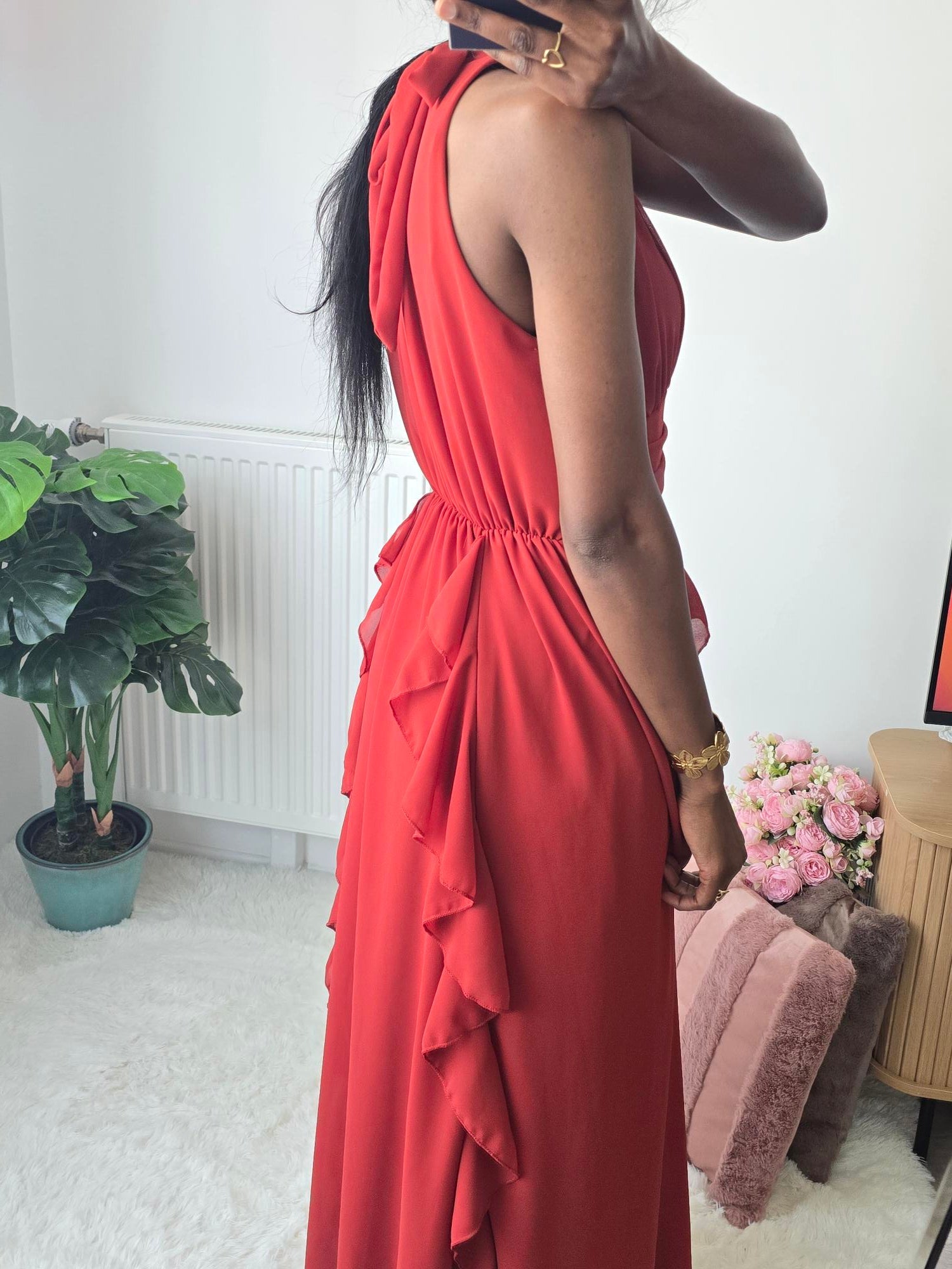 Robe longue fluide à volants ✦ Rouge élégant La Chica