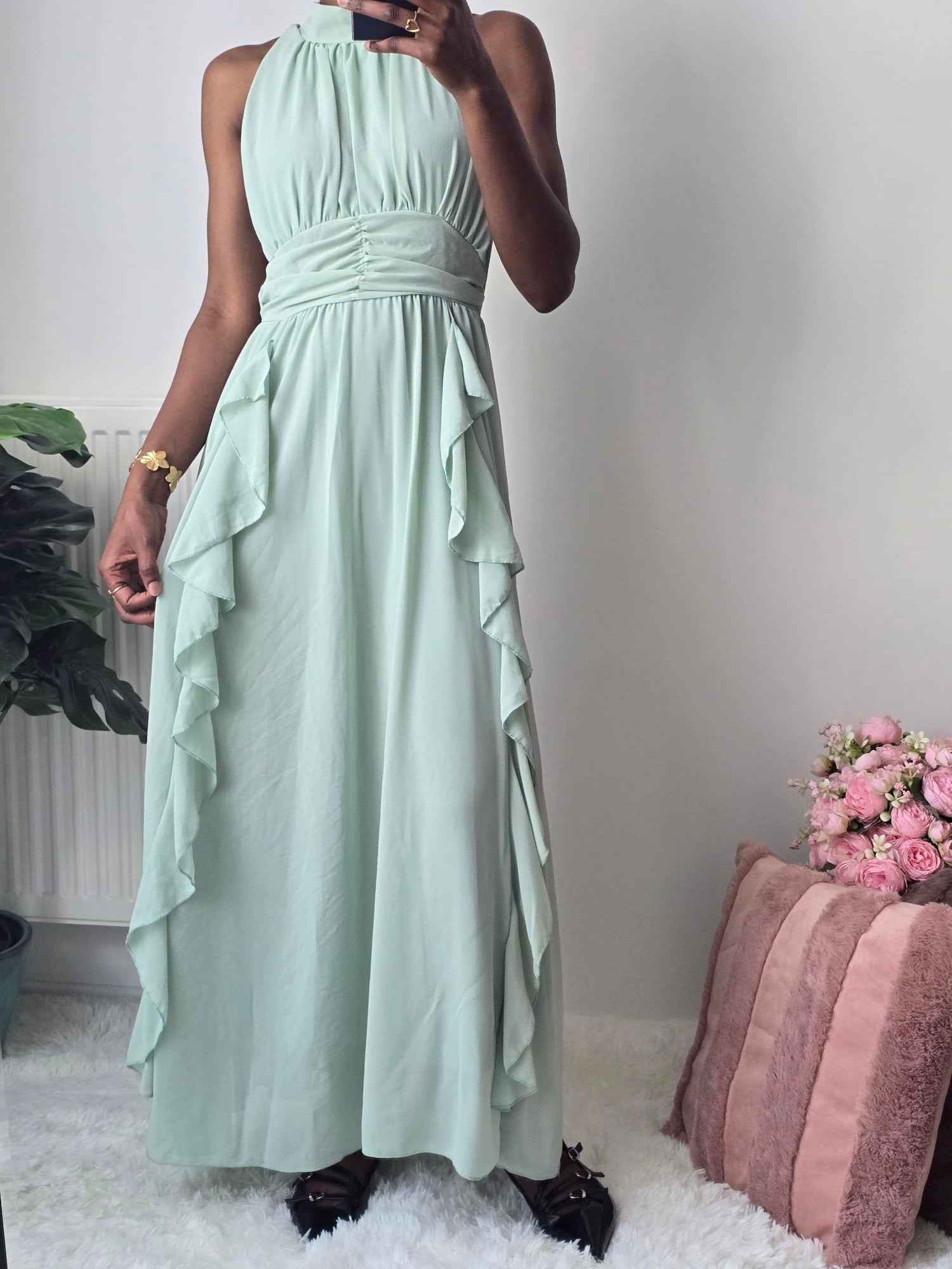 Robe longue fluide à volants ✦ Vert d’eau La Chica