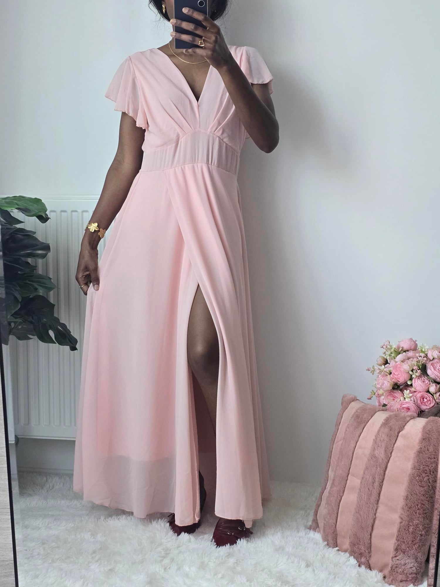 Robe longue rose pâle plissée ✦ Élégance discrète et raffinée La Chica