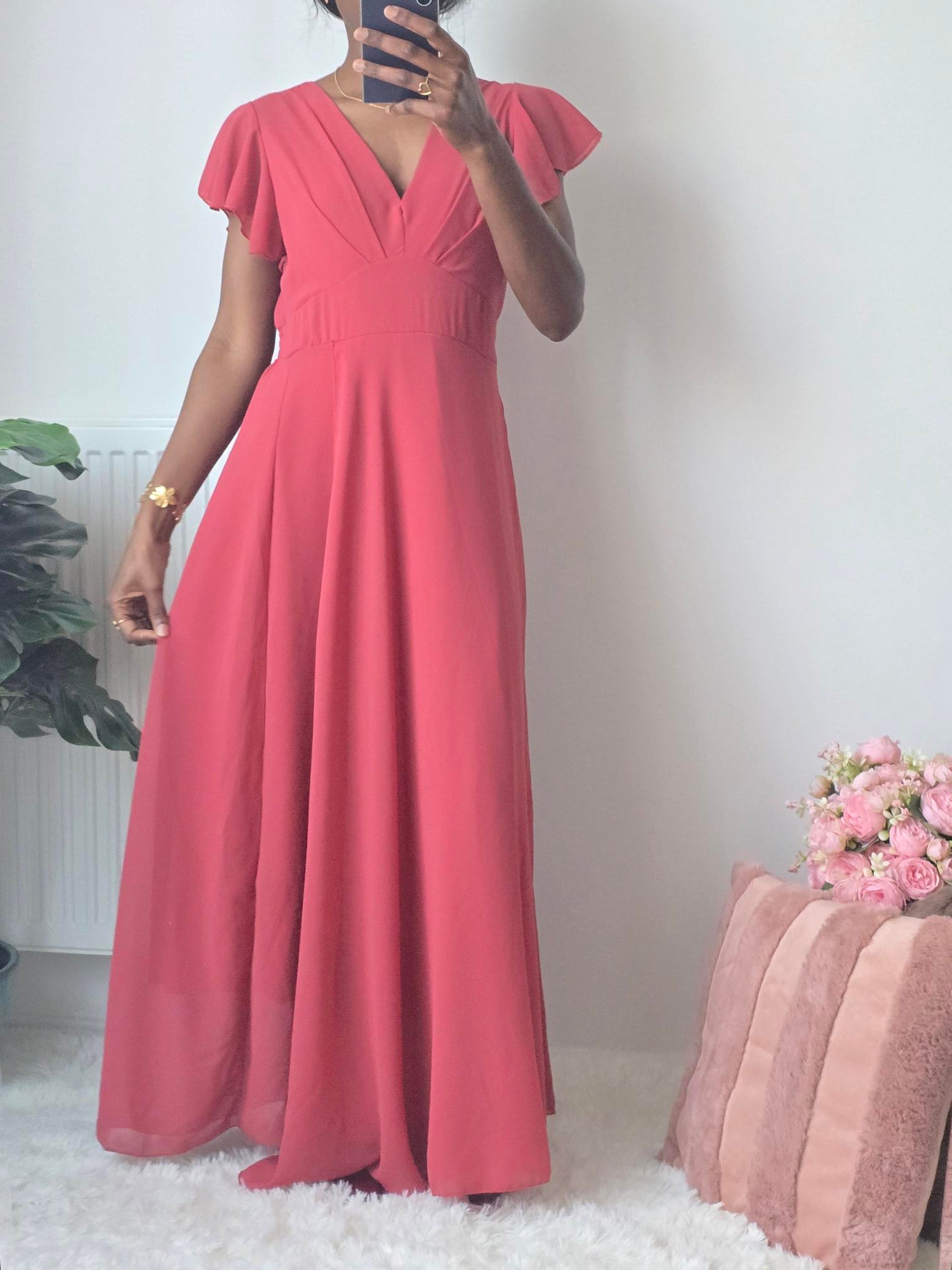 Robe longue fluide rose framboise ✦ Coupe empire et manches papillon La Chica
