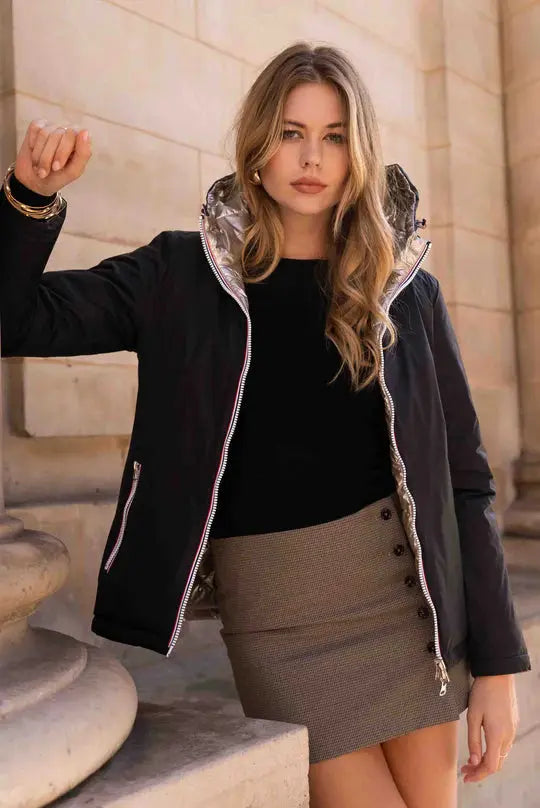 DOUDOUNE COURTE REVERSIBLE NOIR DORE LAURA JO La Chica