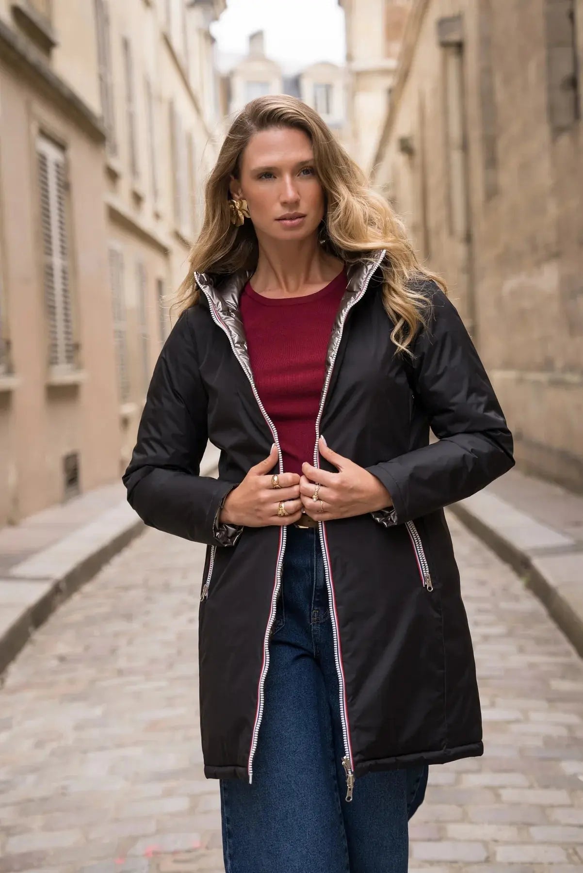 DOUDOUNE LONGUE REVERSIBLE NOIR TAUPE LAURA JO La Chica