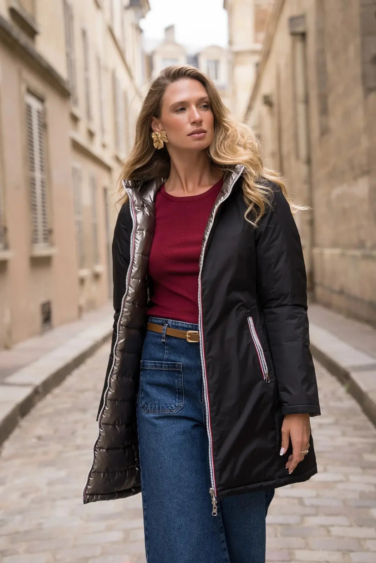 DOUDOUNE LONGUE REVERSIBLE NOIR TAUPE LAURA JO La Chica