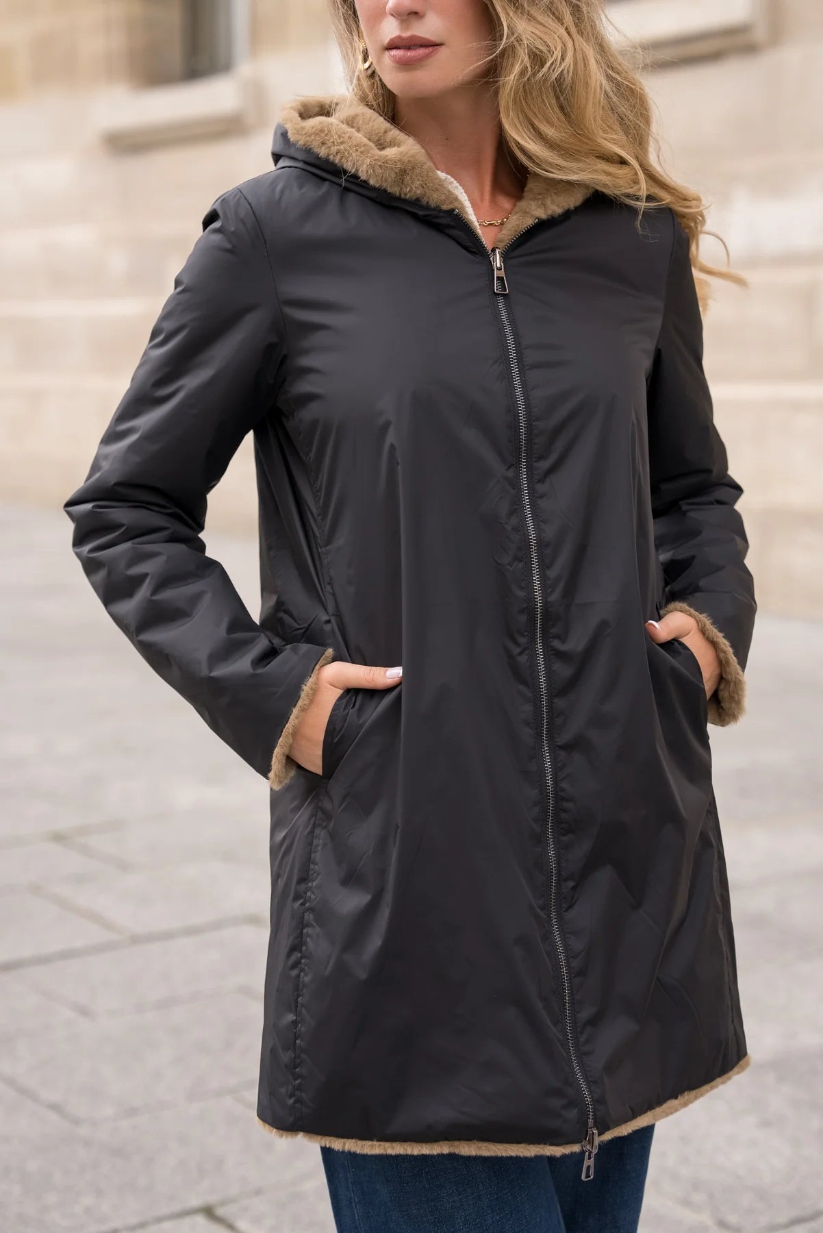 IMPERMEABLE LONG FOURRE REVERSIBLE NOIR CAMEL La Chica