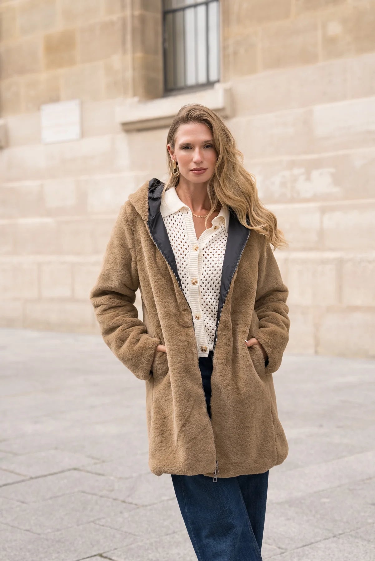 IMPERMEABLE LONG FOURRE REVERSIBLE NOIR CAMEL La Chica