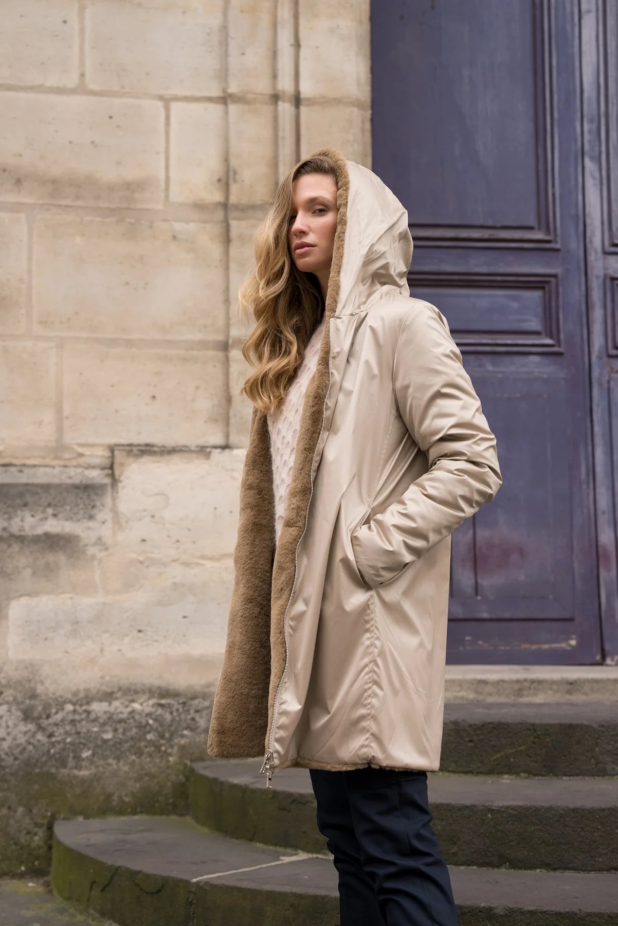 IMPERMEABLE LONG FOURRE REVERSIBLE SABLE CAMEL La Chica