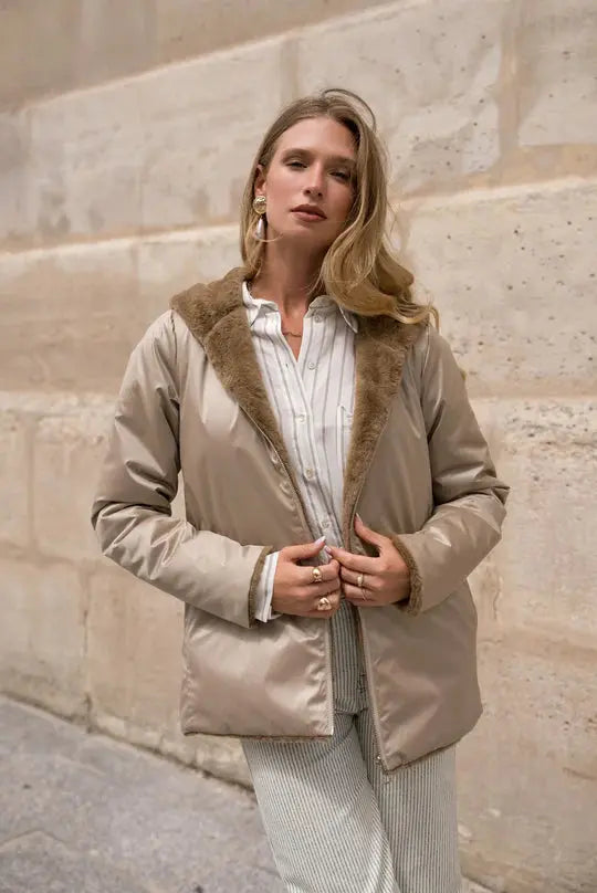 IMPERMEABLE COURT FOURRE REVERSIBLE CAMEL SABLE LAURA JO La Chica