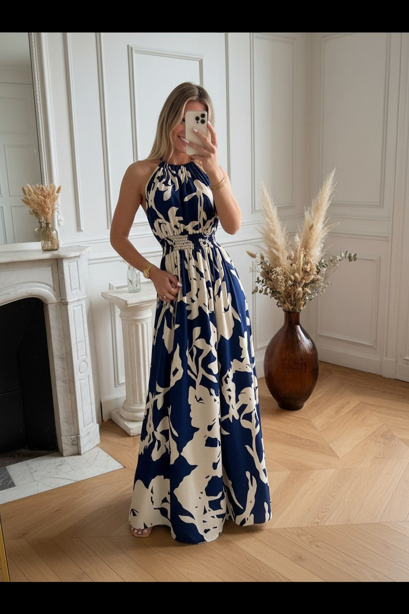 Robe Longue Imprimée ✦ Bleu Marine & Écru ✦ Coupe Fluide & Élégance Estivale La Chica