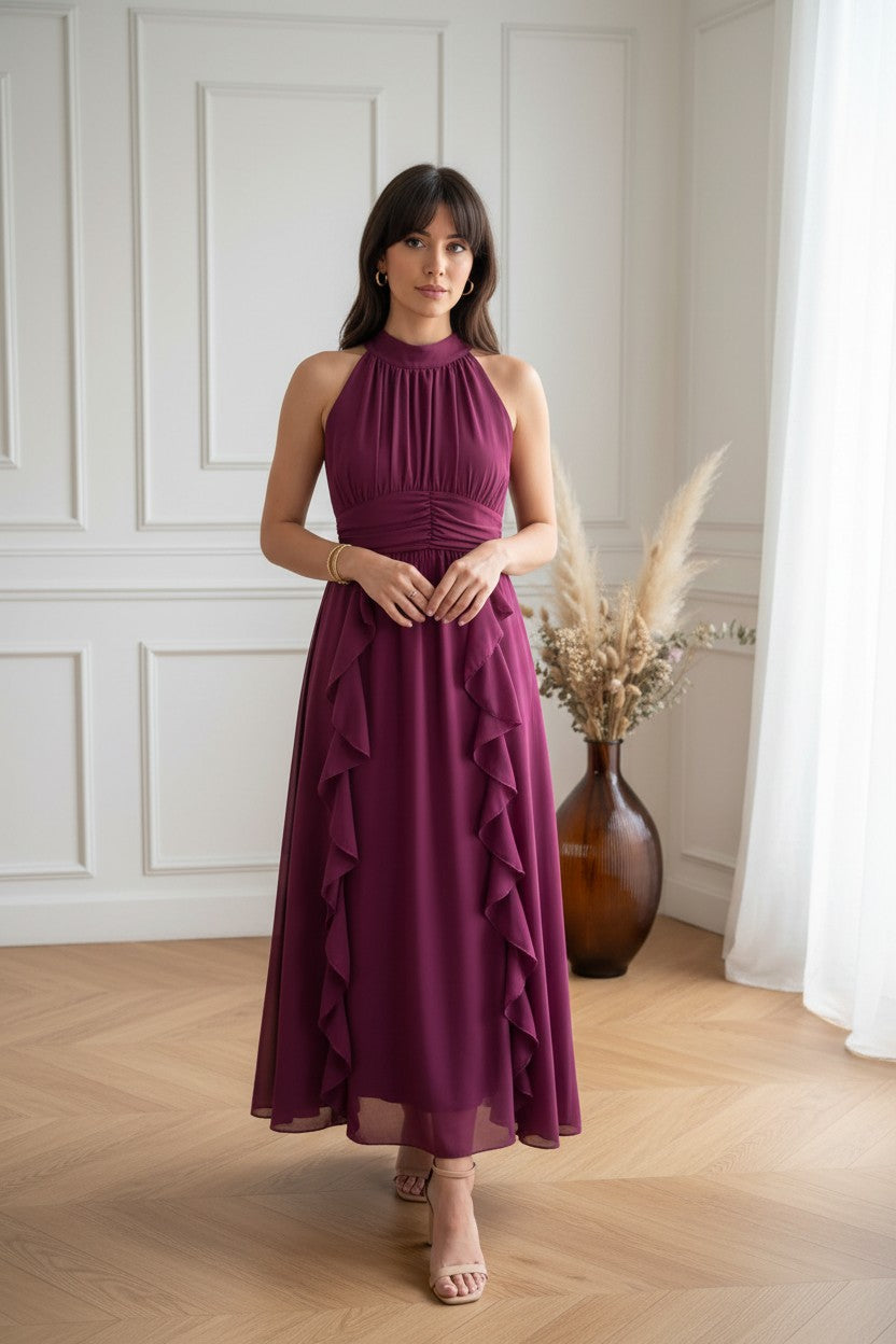 Robe Longue à Volants ✦ Prune Profond ✦ Élégance Fluide & Raffinement Italien La Chica