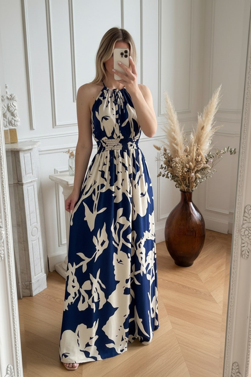 Robe Longue Imprimée ✦ Bleu Marine & Écru ✦ Coupe Fluide & Élégance Estivale La Chica