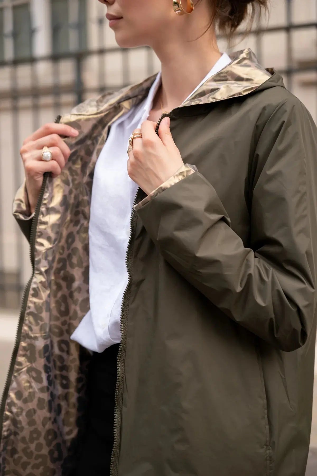 PARKA IMPERMEABLE LONG LEGERE REVERSIBLE LAURA JO KAKI LEOPARD La Chica