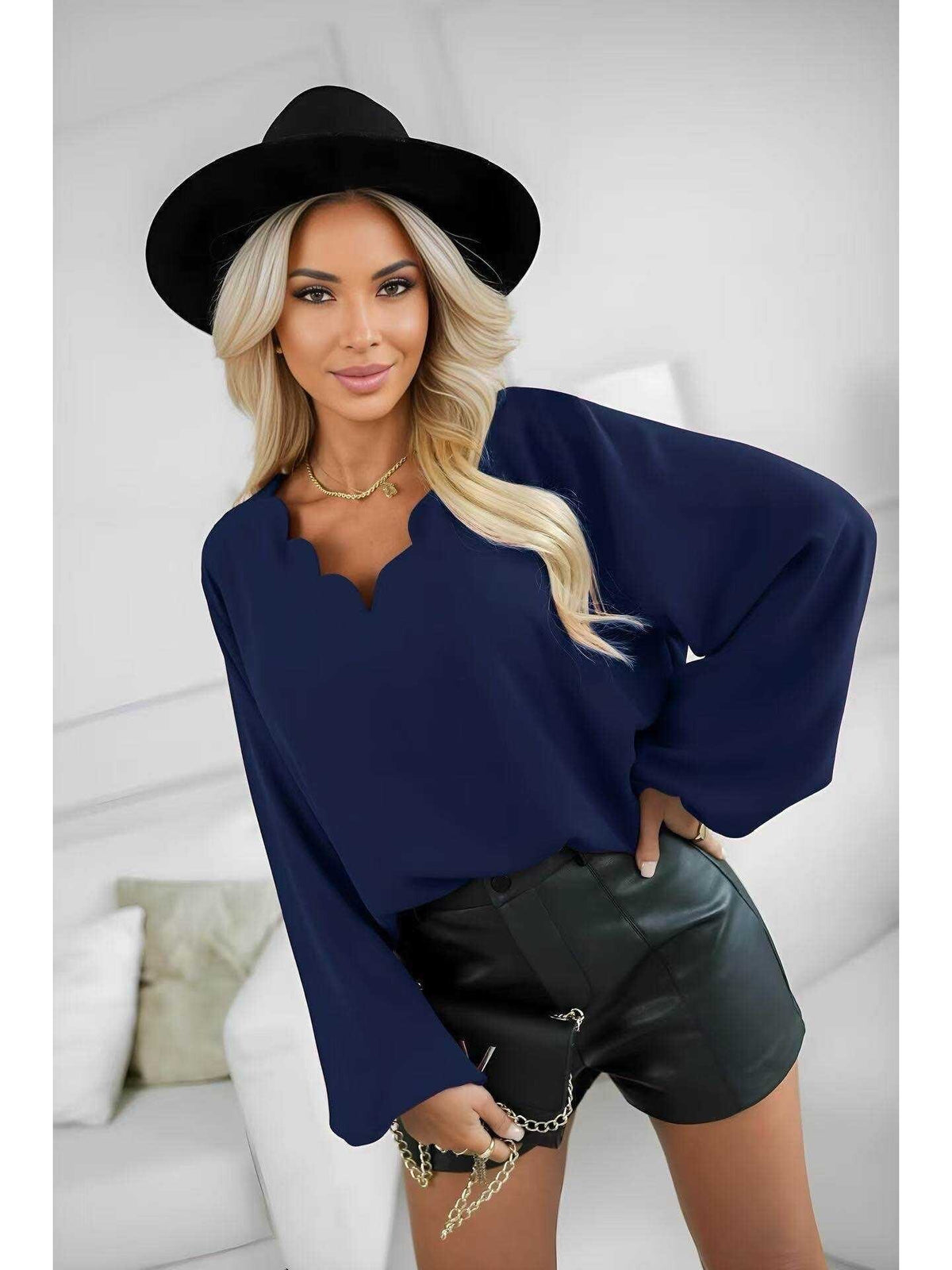 Blouse col festonné manches longues marine pour femme, La Chica