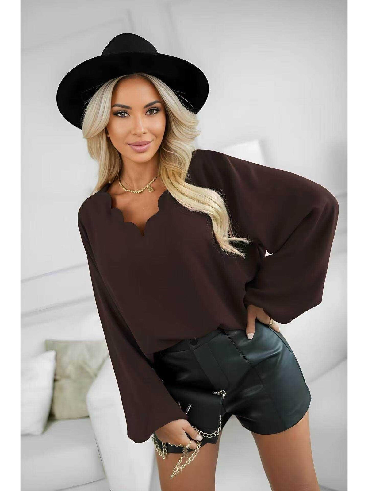 Blouse col festonné manches longues marron pour femme, La Chica