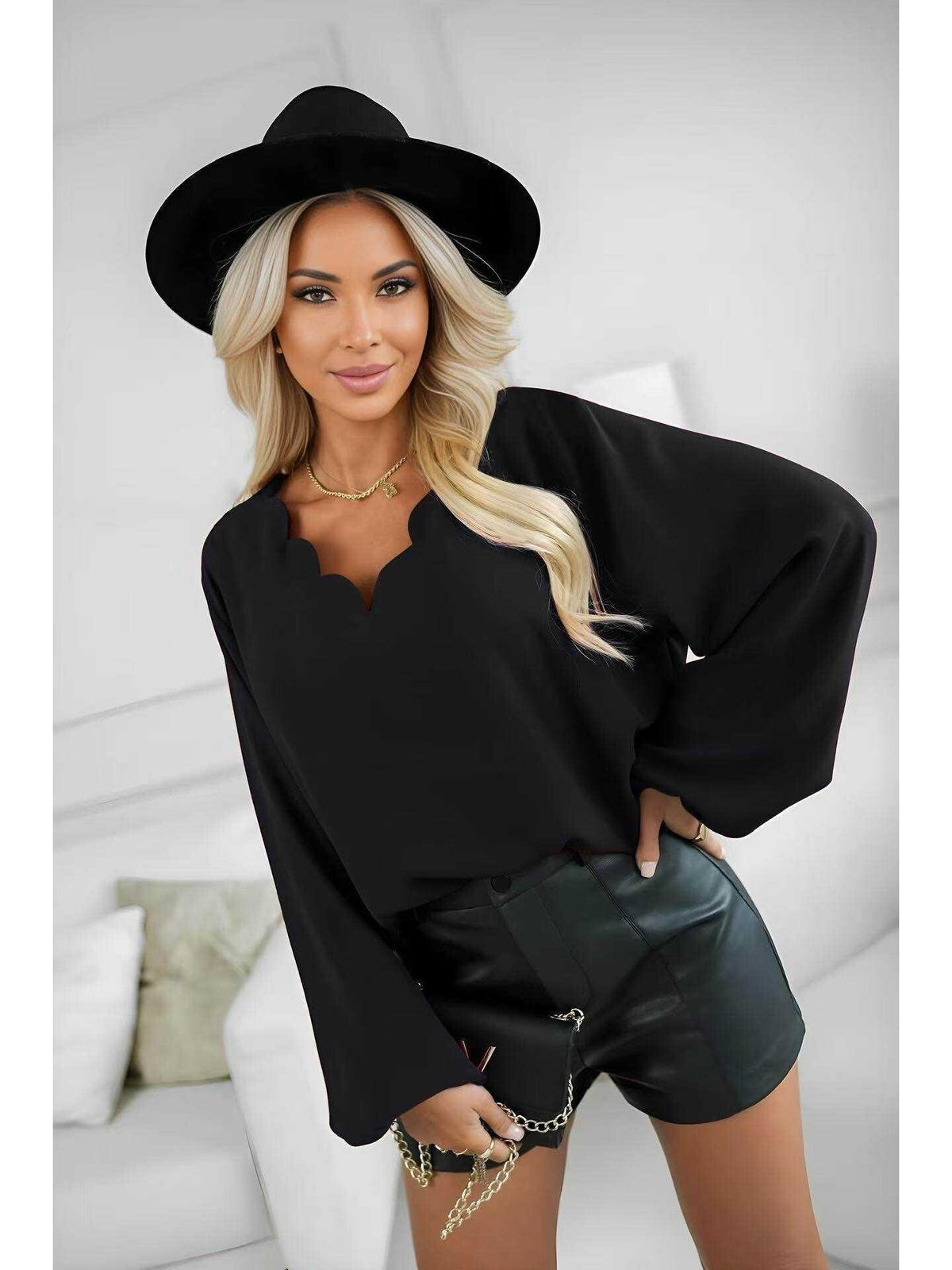 Blouse col festonné manches longues noir pour femme, La Chica