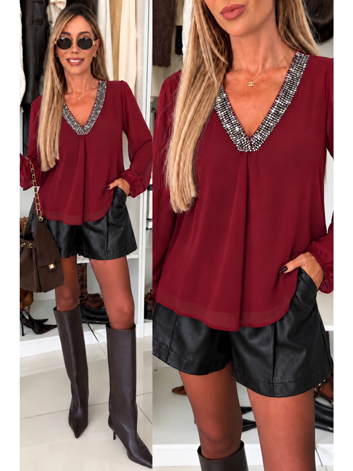 Blouse Col V en sequins doublure viscose bordeaux pour femme, La Chica