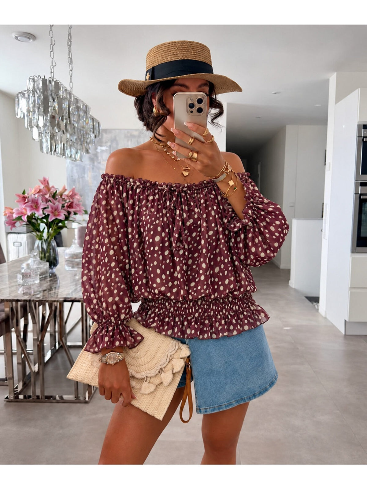 Blouse imprimé bambi épaules dénudées doublure viscose bordeaux pour femme, La Chica