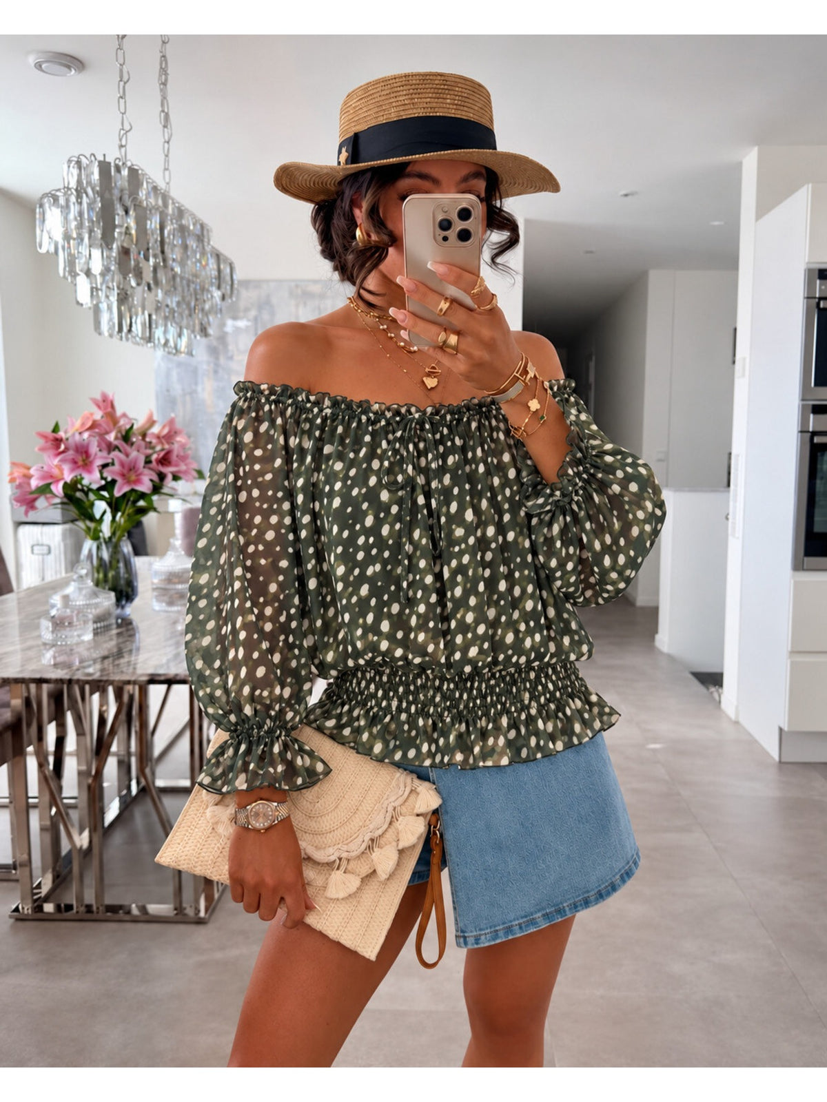 Blouse imprimé bambi épaules dénudées doublure viscose kaki pour femme, La Chica