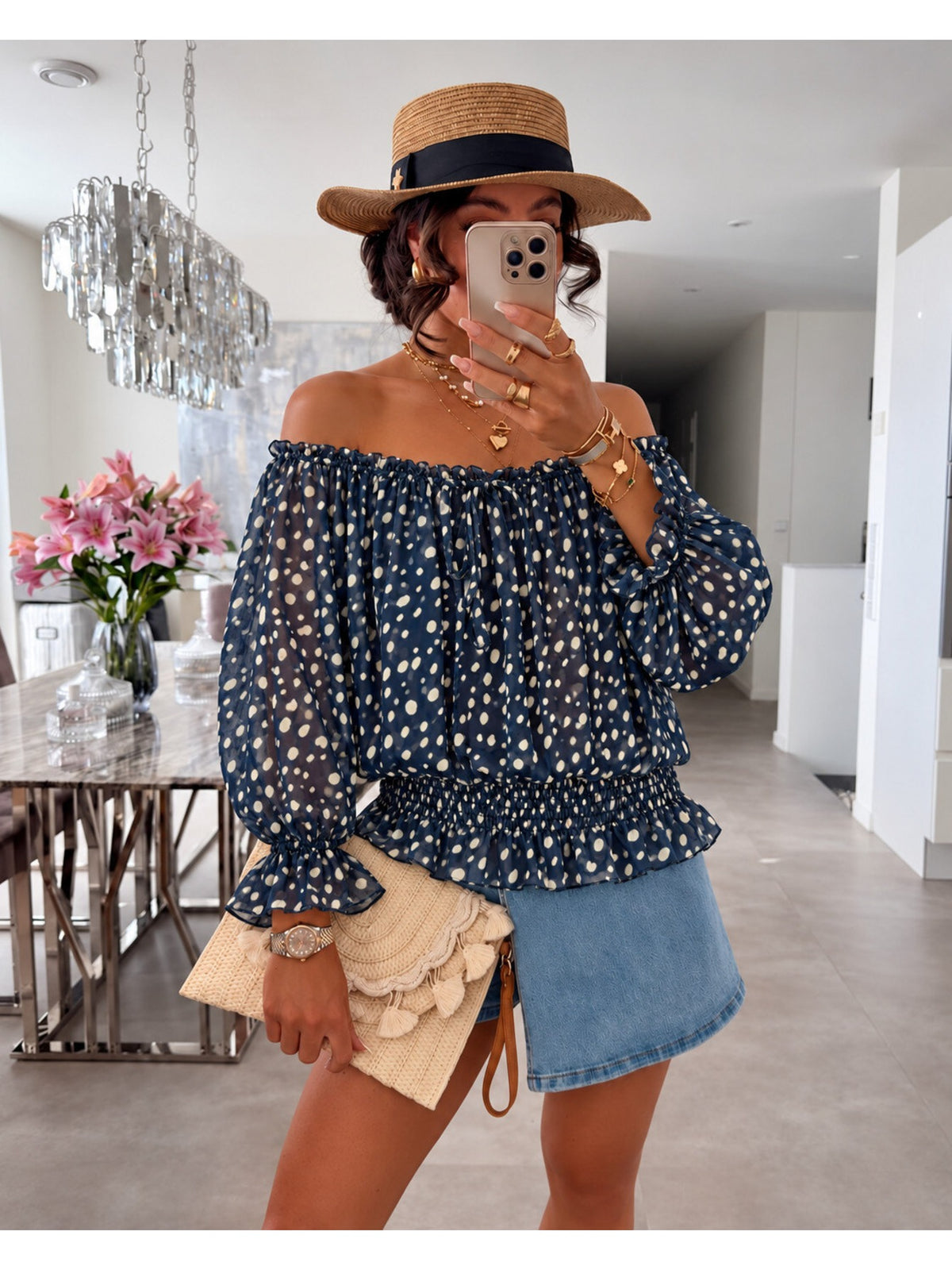 Blouse imprimé bambi épaules dénudées doublure viscose marine pour femme, La Chica