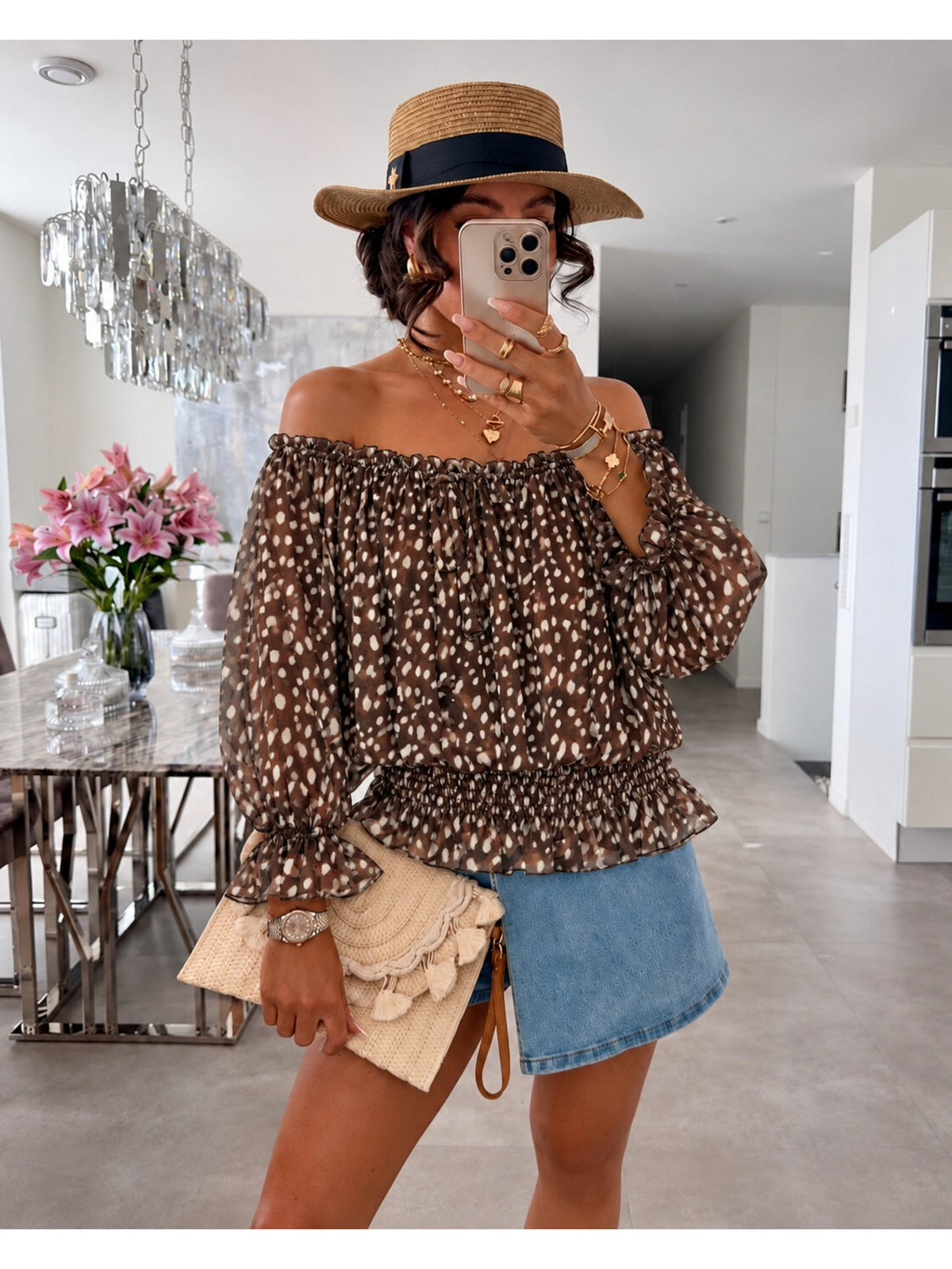 Blouse imprimé bambi épaules dénudées doublure viscose marron foncé pour femme, La Chica