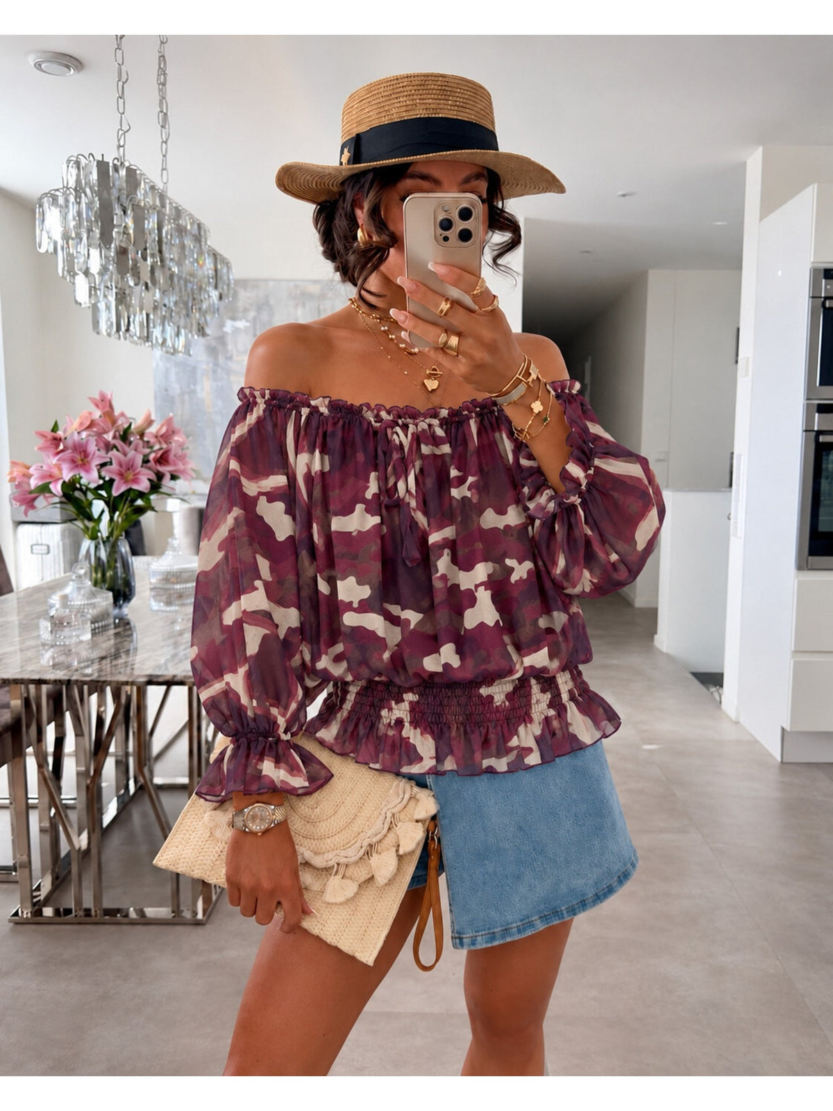 Blouse imprimé camouflage épaules dénudées doublure viscose bordeaux pour femme, La Chica