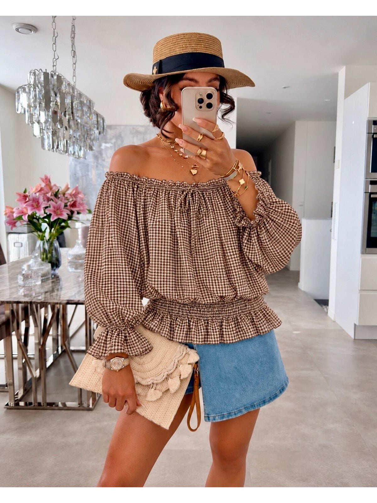 Blouse imprimé rayures épaules dénudées doublure viscose marron foncé pour femme, La Chica