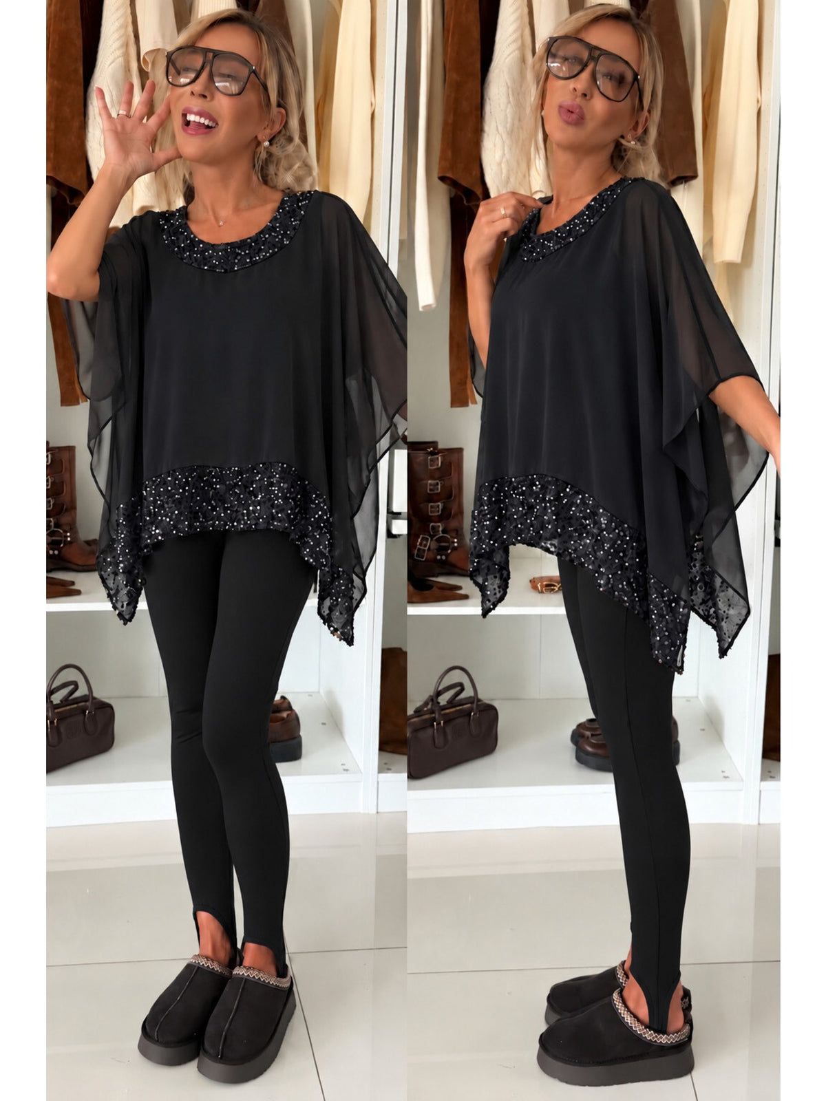 Blouse manches chauve-souris bas sequins doublure viscose noir pour femme, La Chica