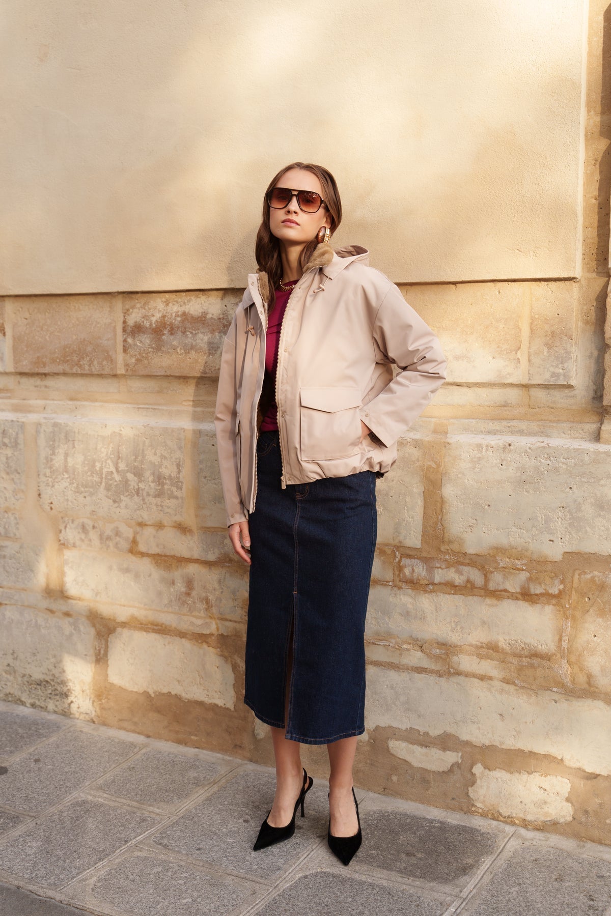 Blouson imperméable fourré à capuche amovible Laura Jo beige pour femme – vue 4