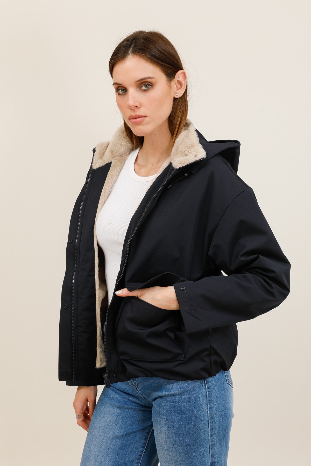 Blouson imperméable fourré à capuche amovible Laura Jo marine pour femme – vue 1