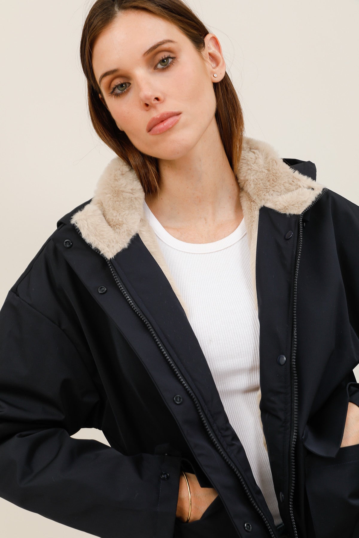Blouson imperméable fourré à capuche amovible Laura Jo marine pour femme – vue 3
