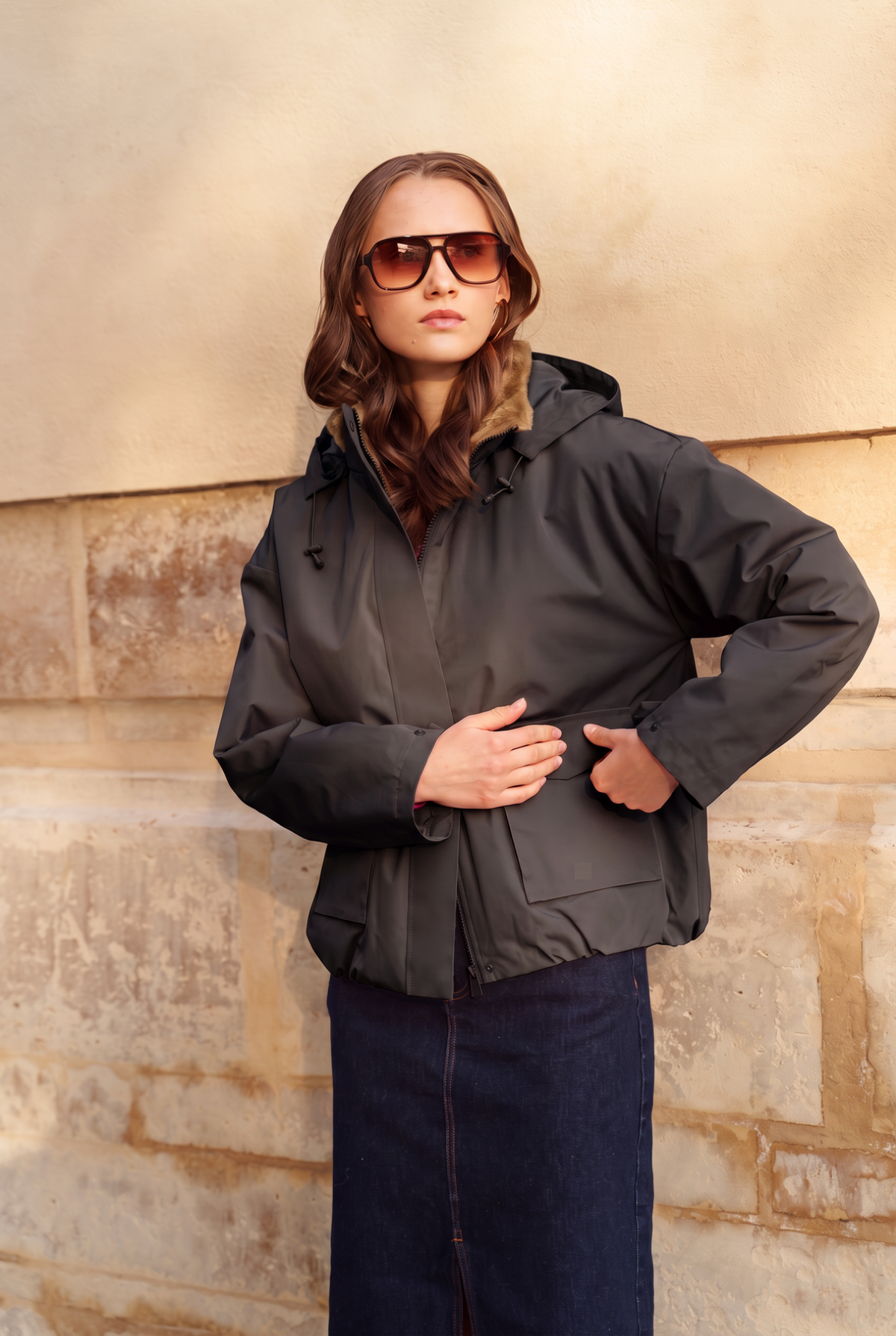 Blouson imperméable fourré à capuche amovible Laura Jo noir pour femme – vue 2