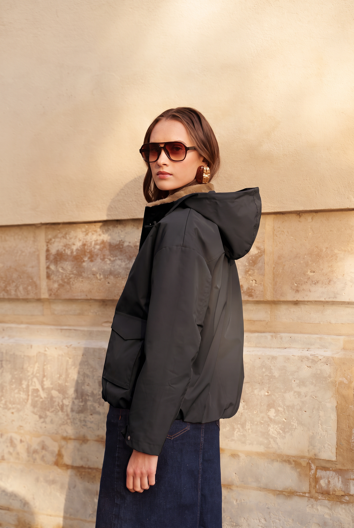 Blouson imperméable fourré à capuche amovible Laura Jo noir pour femme – vue 3