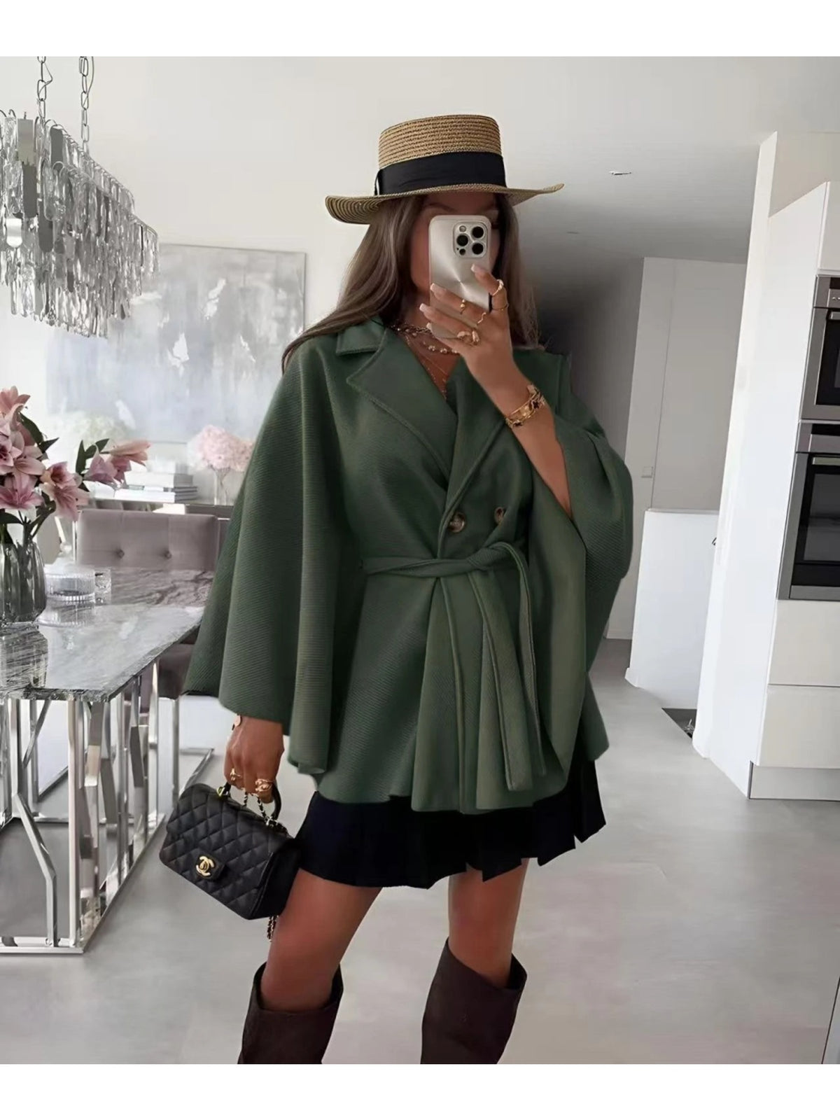 Cape blazer ceinturée à double boutonnage kaki pour femme, La Chica