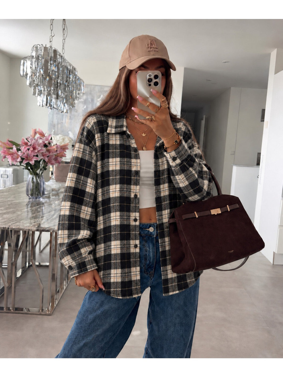 Chemise à carreaux Oversize effet flanelle noir pour femme, La Chica