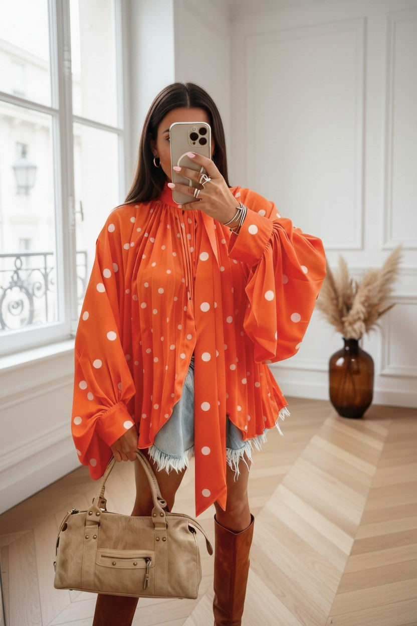 Blouse Fluide à Pois ✦ Orange & Écru ✦ Col Lavallière ✦ Élégance Chic & Féminine La Chica