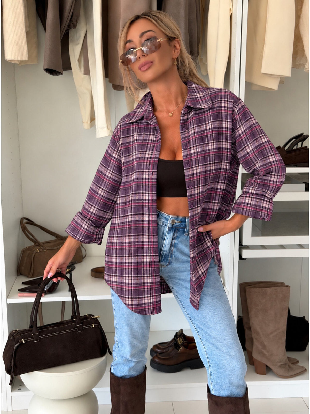 Chemise oversize carreaux flanelle brossée manches retroussables bordeaux pour femme, La Chica