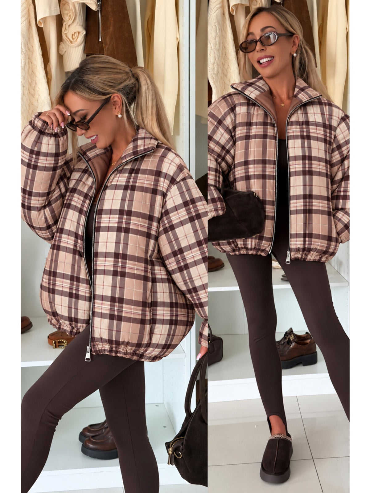 Doudoune bomber carreaux col montant manches ballon beige pour femme, La Chica, vue 1