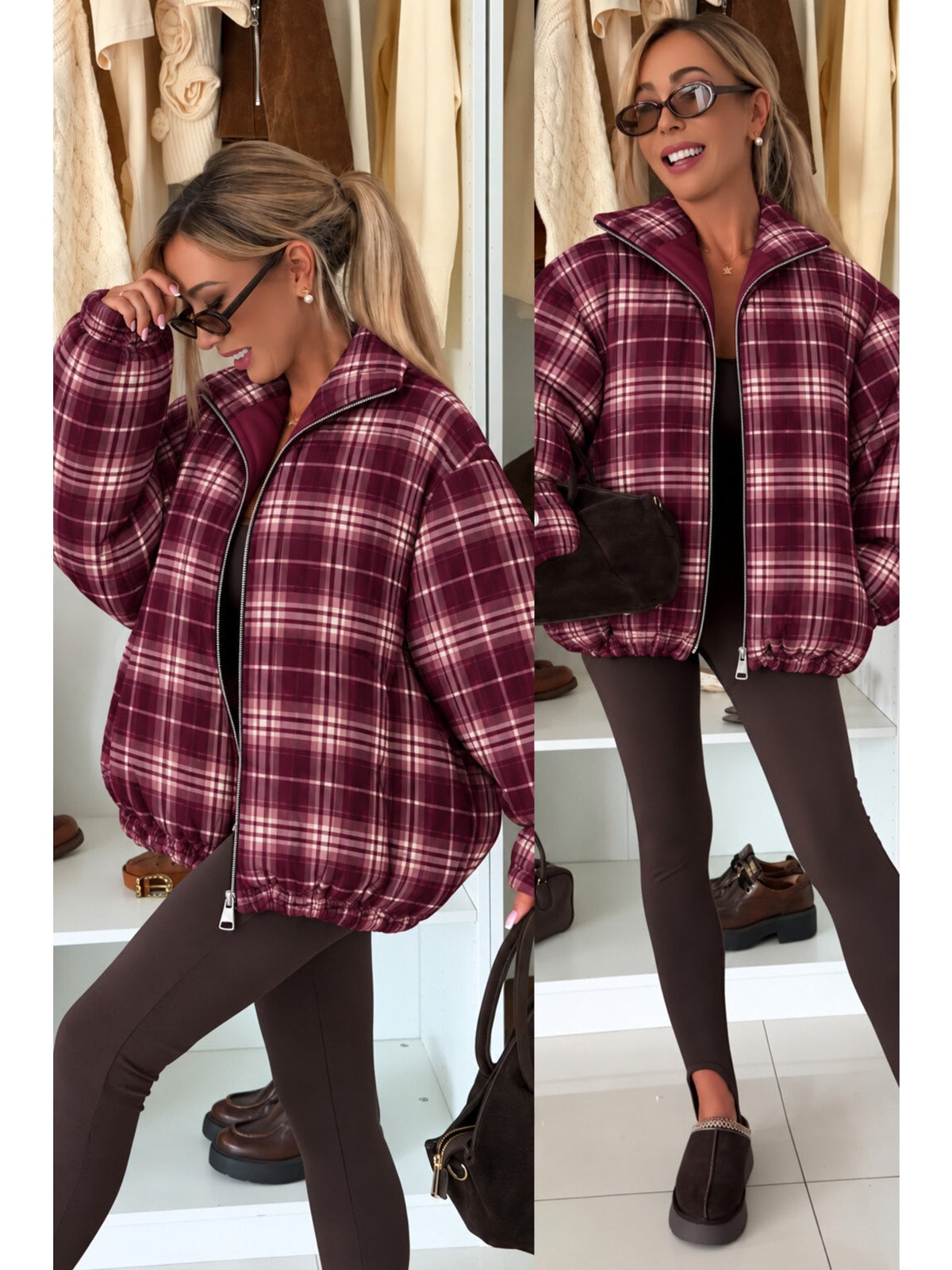 Doudoune bomber carreaux col montant manches ballon bordeaux pour femme, La Chica, vue 1