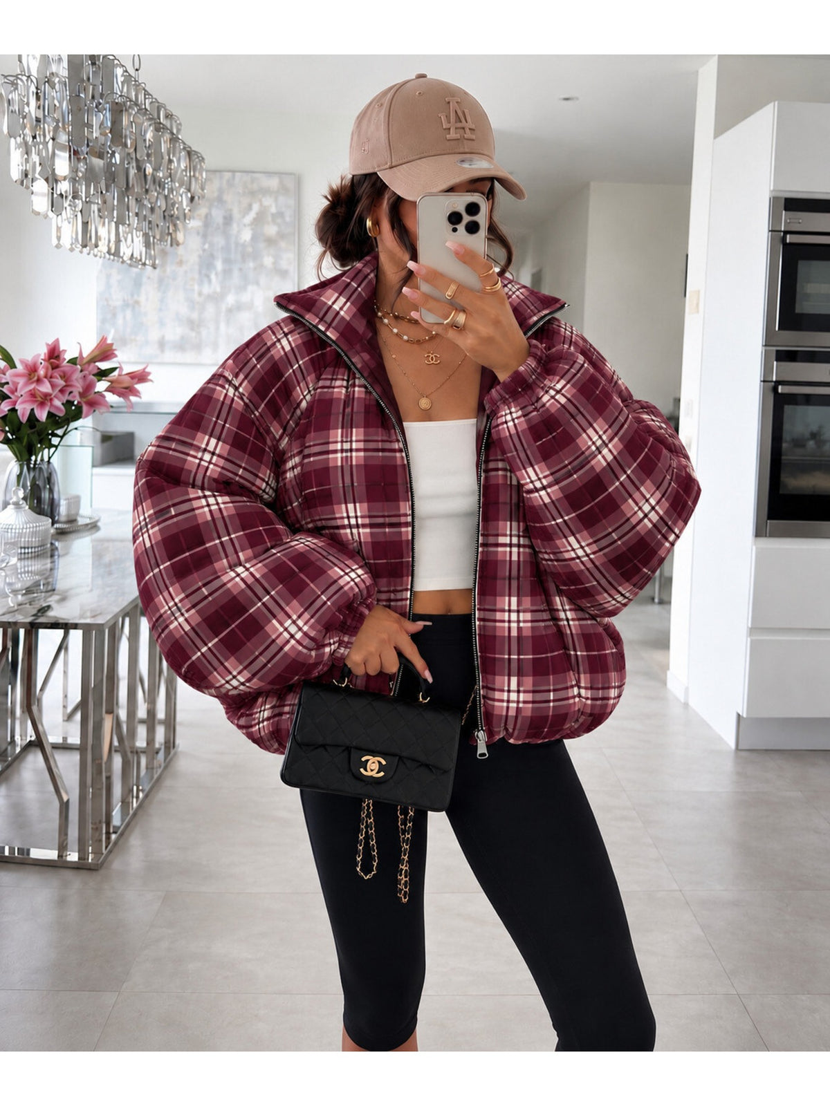 Doudoune bomber carreaux col montant manches ballon bordeaux pour femme, La Chica, vue 2