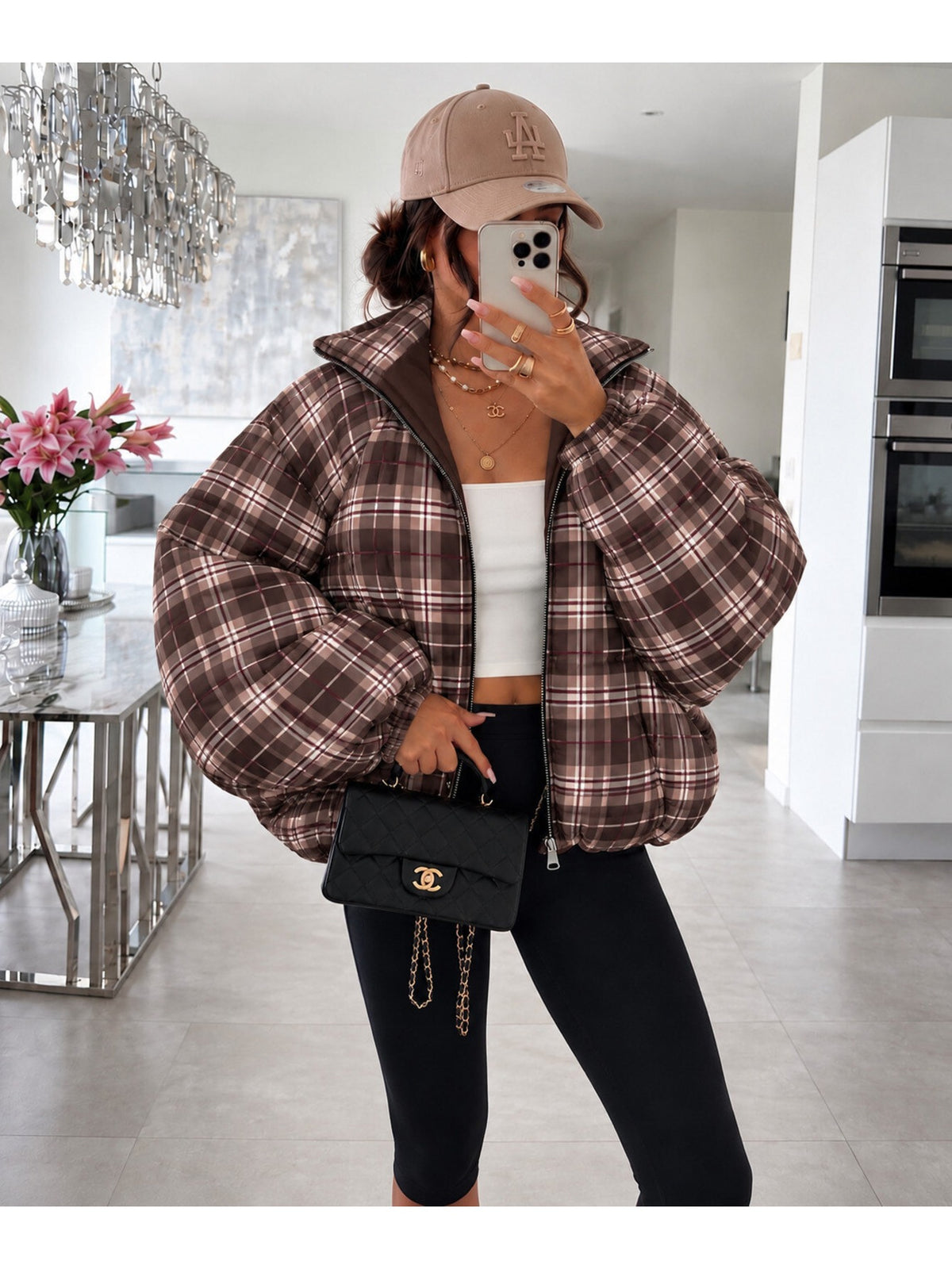 Doudoune bomber carreaux col montant manches ballon marron pour femme, La Chica, vue 2
