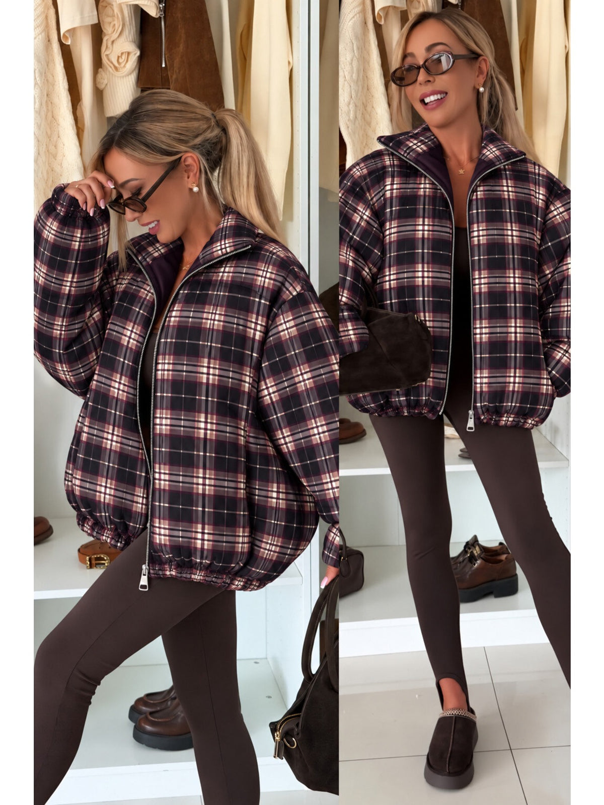 Doudoune bomber carreaux col montant manches ballon noir pour femme, La Chica