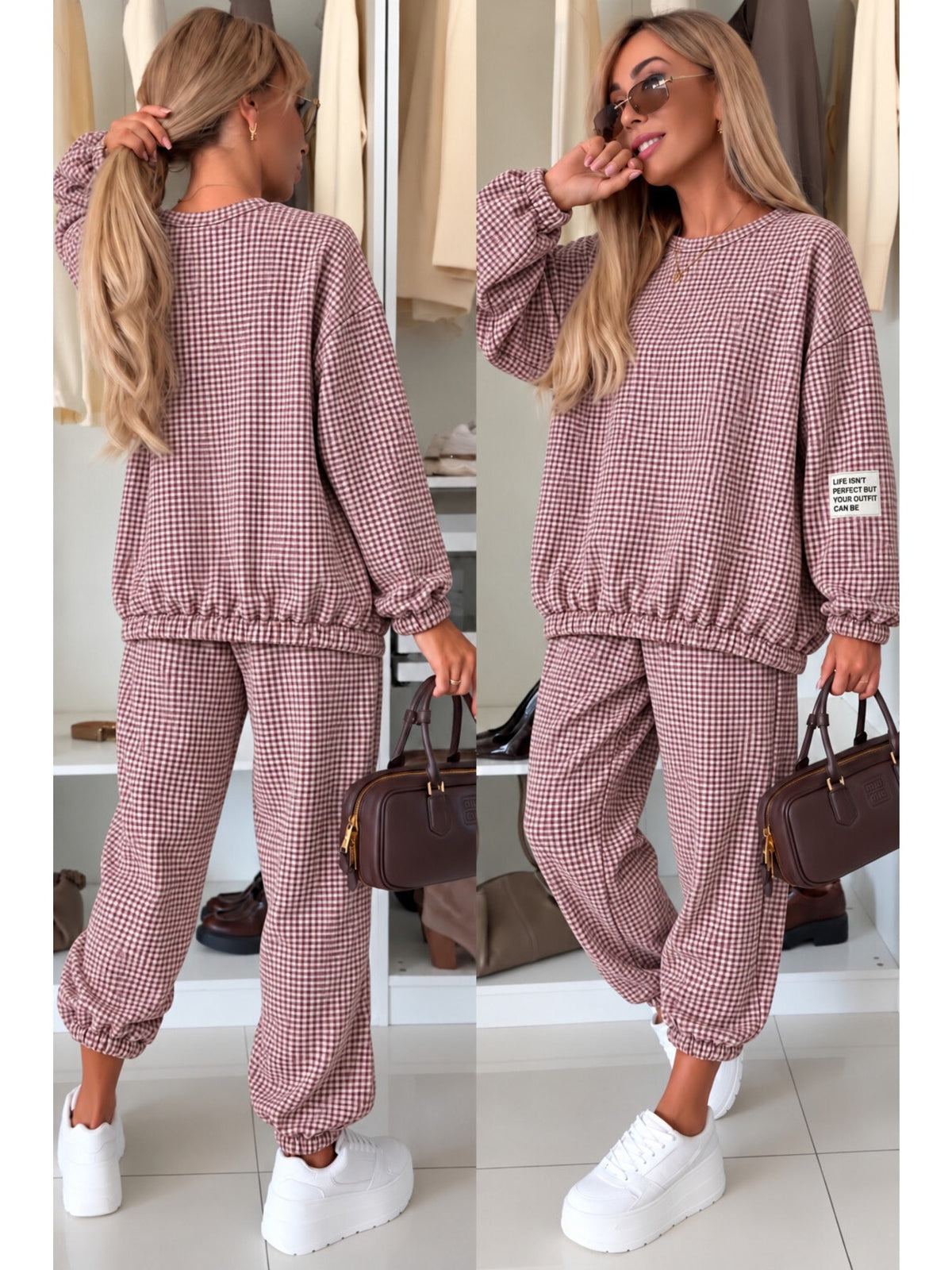 Ensemble sweat et pantalon jogging imprimé carreaux bordeaux pour femme, La Chica
