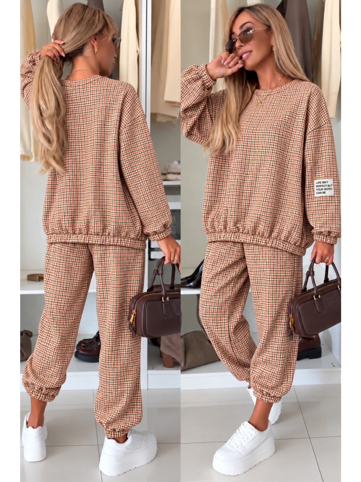 Ensemble sweat et pantalon jogging imprimé carreaux camel pour femme, La Chica